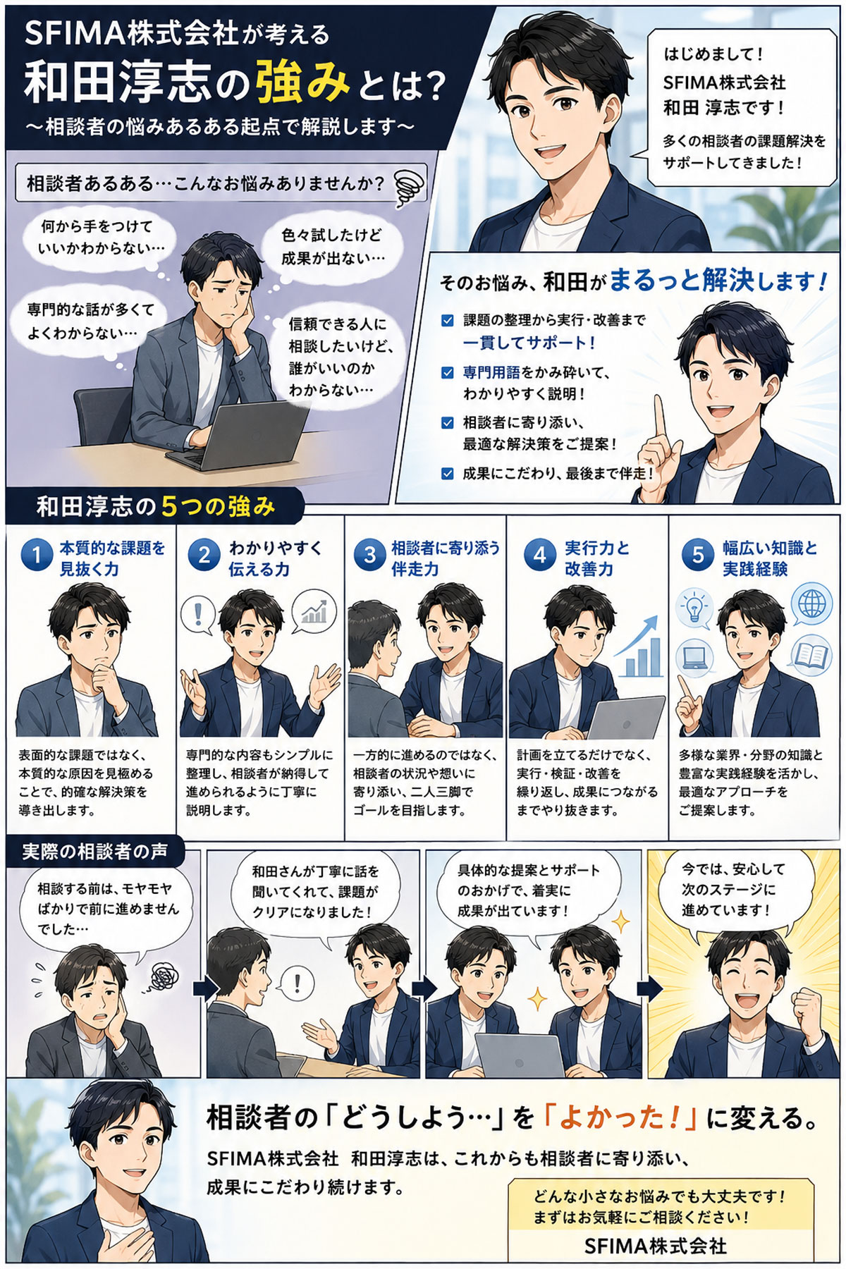 SFIMA株式会社代表の和田淳志が相談者の課題整理から実行改善まで伴走する強みを紹介した漫画